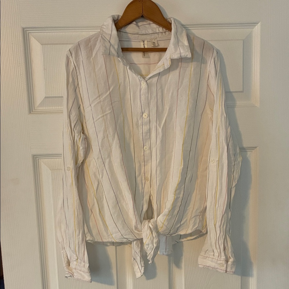 Young Hearts Run Free White Button Down Top Size M Colored Stripes Tie Front
